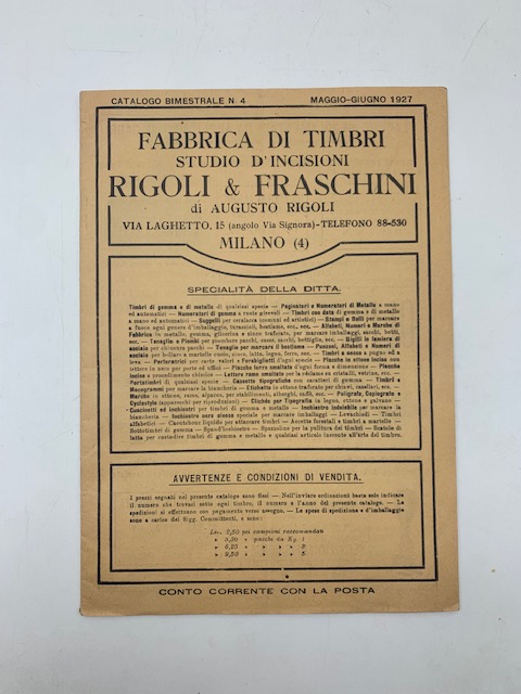 Fabbrica di timbri. Studio d'incisioni Rigoli & Fraschini di Augusto Rigoli, Milano. Catalogo bimestrale n. 4, maggio-giugno 1927